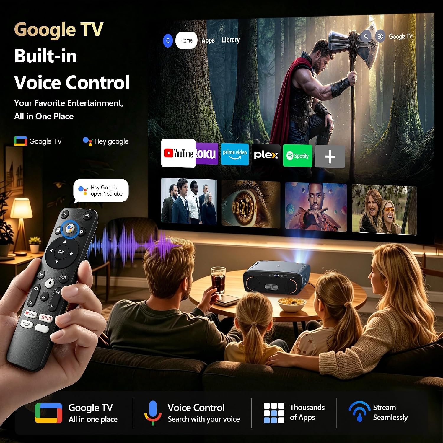 2550 ANSI Daylight Projector 4K with Google TV, 70W Dolby Audio, Ultra HD Smart Projector for Home Cinema & Outdoor Party, ToF Autofocus, WiFi 6 Bluetooth 5.4, NFC Casting, Voice Control, HDMI ARC