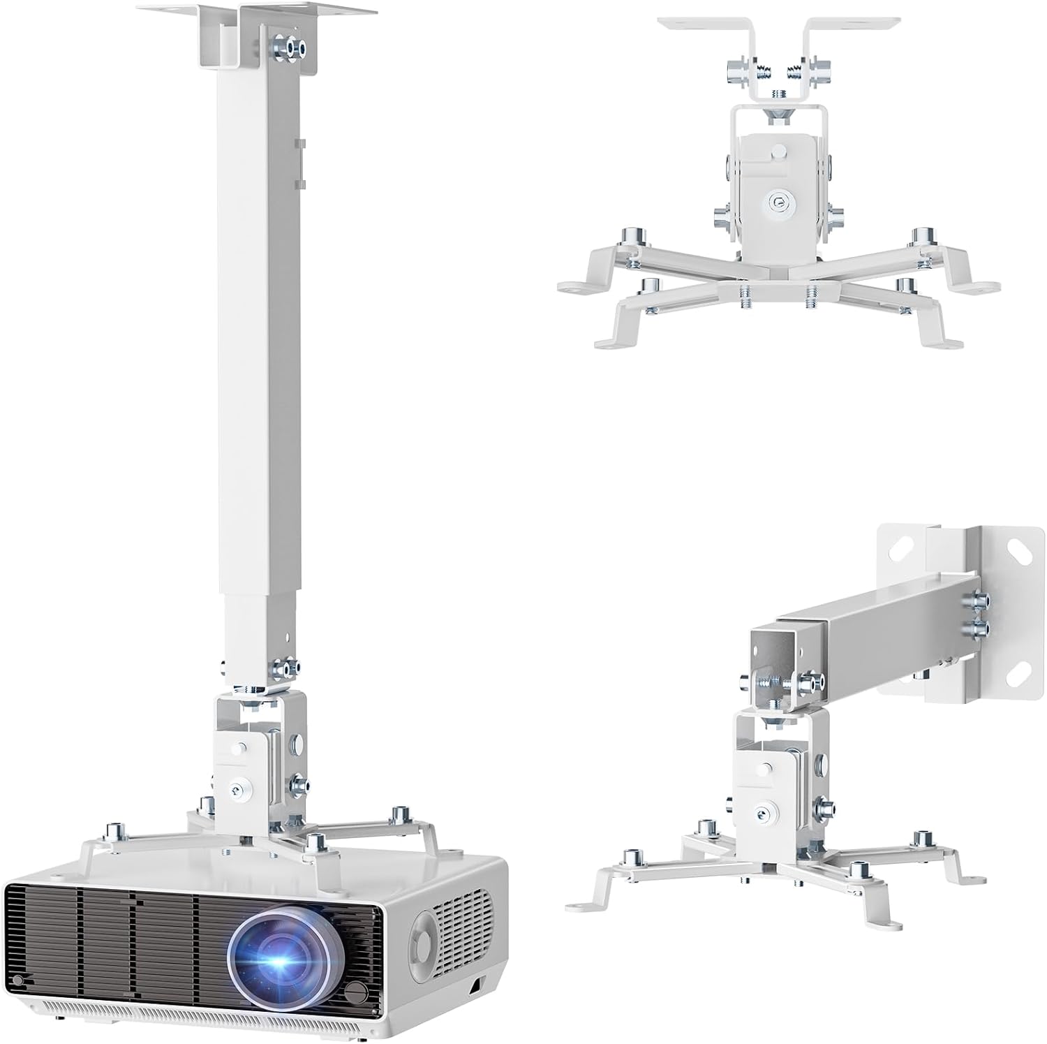 Projector Mount Ceiling/Wall - Universal 3-in-1 Bracket with Extension Pole, Height Adjustable Holder for LCD/DLP Projectors, Supports up to 44lbs, White (PM-003-W) White M