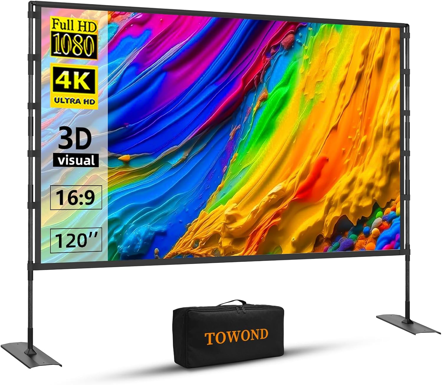 Projector Screen and Stand, 120 inch Outdoor Projector Screen Indoor, Portable Movie Screen 16:9 4K Front Rear Projection Screen with Carry Bag Wrinkle-Free Design for Home Backyard Theater