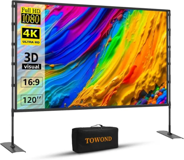 Projector Screen and Stand, 120 inch Outdoor Projector Screen Indoor, Portable Movie Screen 16:9 4K Front Rear Projection Screen with Carry Bag Wrinkle-Free Design for Home Backyard Theater