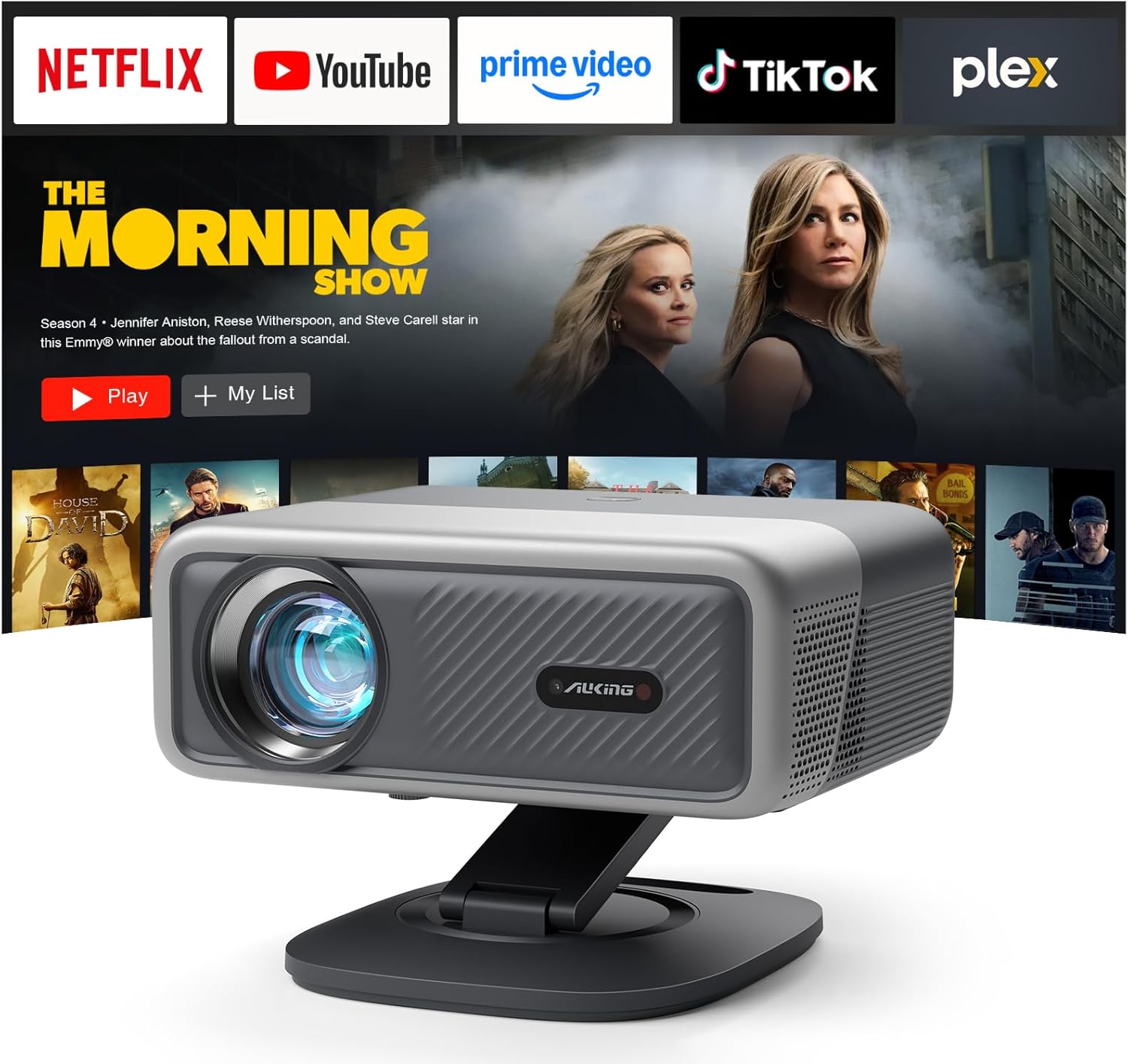 [2200ANSI & Compatible with Netflix] 4K Projector with WiFi and Bluetooth,3D Dolby Audio and Auto Focus Smart Projector, AuKing Outdoor Movie Home Theater Proyector with Omni-Adjustable Stand 2200 ANSI Projector