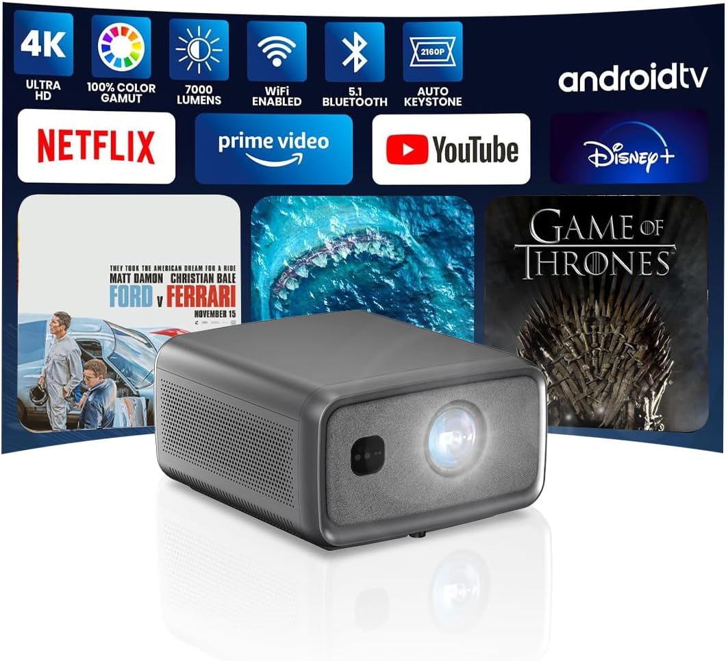 Boss S8A 4K Projector, 7000 Lumens, Android 12, 3GB RAM 128GB Storage, Actual 3D, WiFi & Bluetooth, Home Theater Projector with Free 60" Screen & Mount, Netflix/Prime/YouTube Compatible