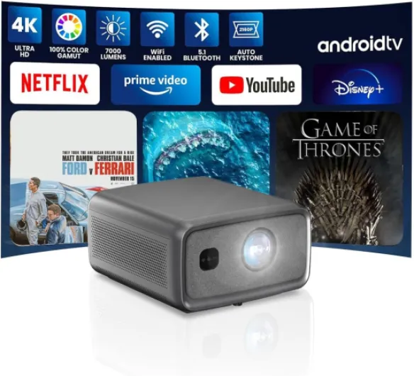 Boss S8A 4K Projector, 7000 Lumens, Android 12, 3GB RAM 128GB Storage, Actual 3D, WiFi & Bluetooth, Home Theater Projector with Free 60" Screen & Mount, Netflix/Prime/YouTube Compatible