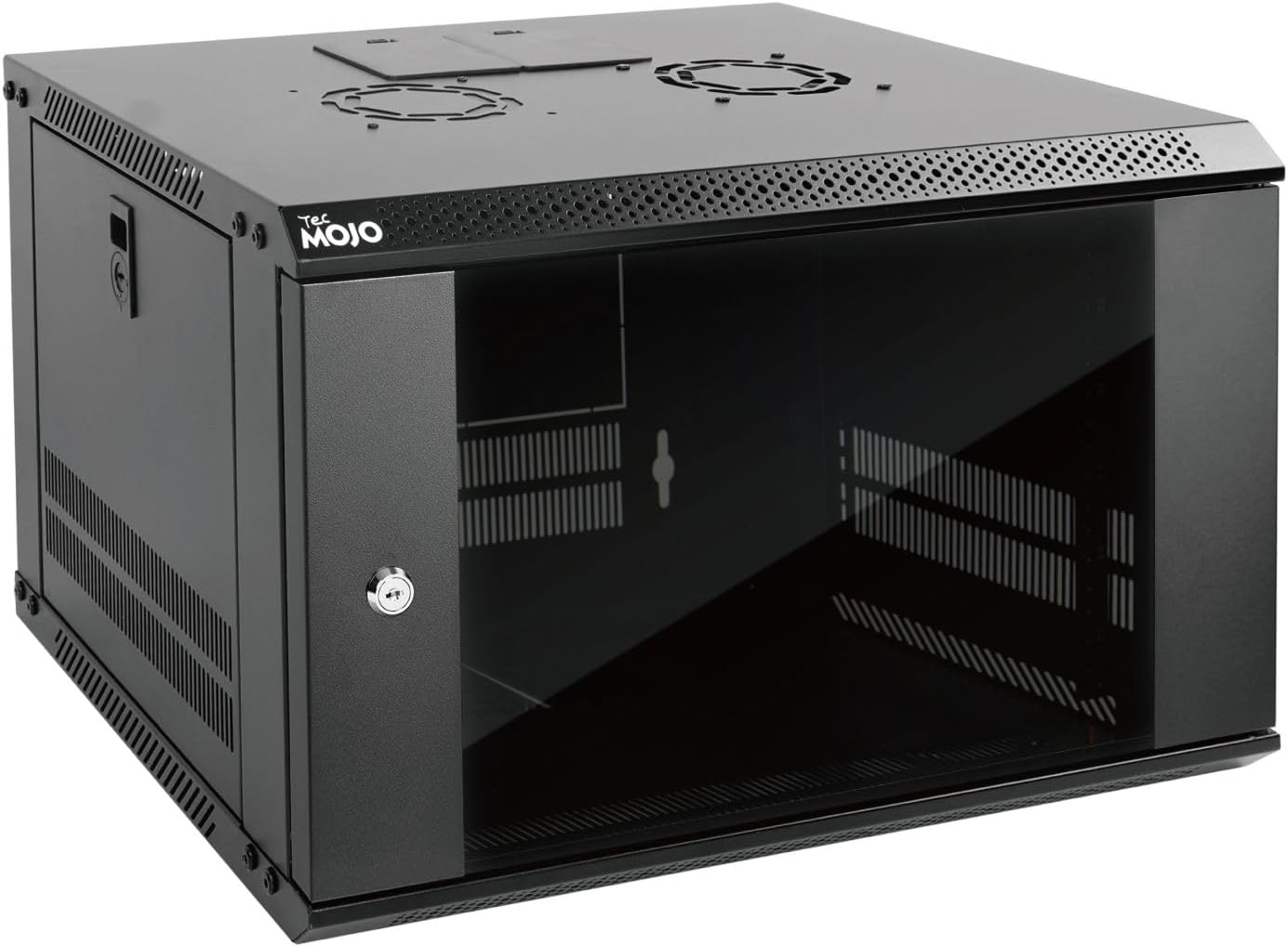 6U Wall Mount Server Cabinet IT Network Rack Enclosure Lockable Door and Side Panels Black, Cooling Fan, Standard Glass Door, 450mm Depth, for 19” IT Equipment, A/V Devices 6U/Glass Door/Black