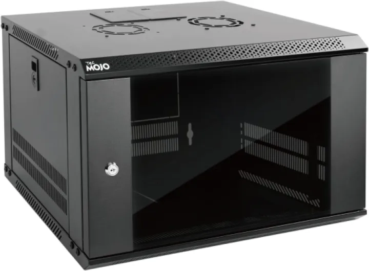 6U Wall Mount Server Cabinet IT Network Rack Enclosure Lockable Door and Side Panels Black, Cooling Fan, Standard Glass Door, 450mm Depth, for 19” IT Equipment, A/V Devices 6U/Glass Door/Black