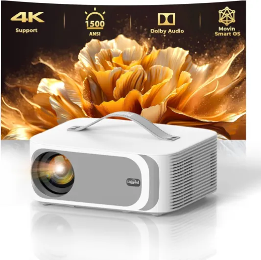 [AI Movin 2.0 System/1500 ANSI/Auto Focus] Outdoor-Projector with WiFi and Bluetooth, Portable-Projector 30W DoIby Audio APPS Built-in, Lisowod 4K Support Smart Proyector with HDR10+ 2025 Upgraded Standard White