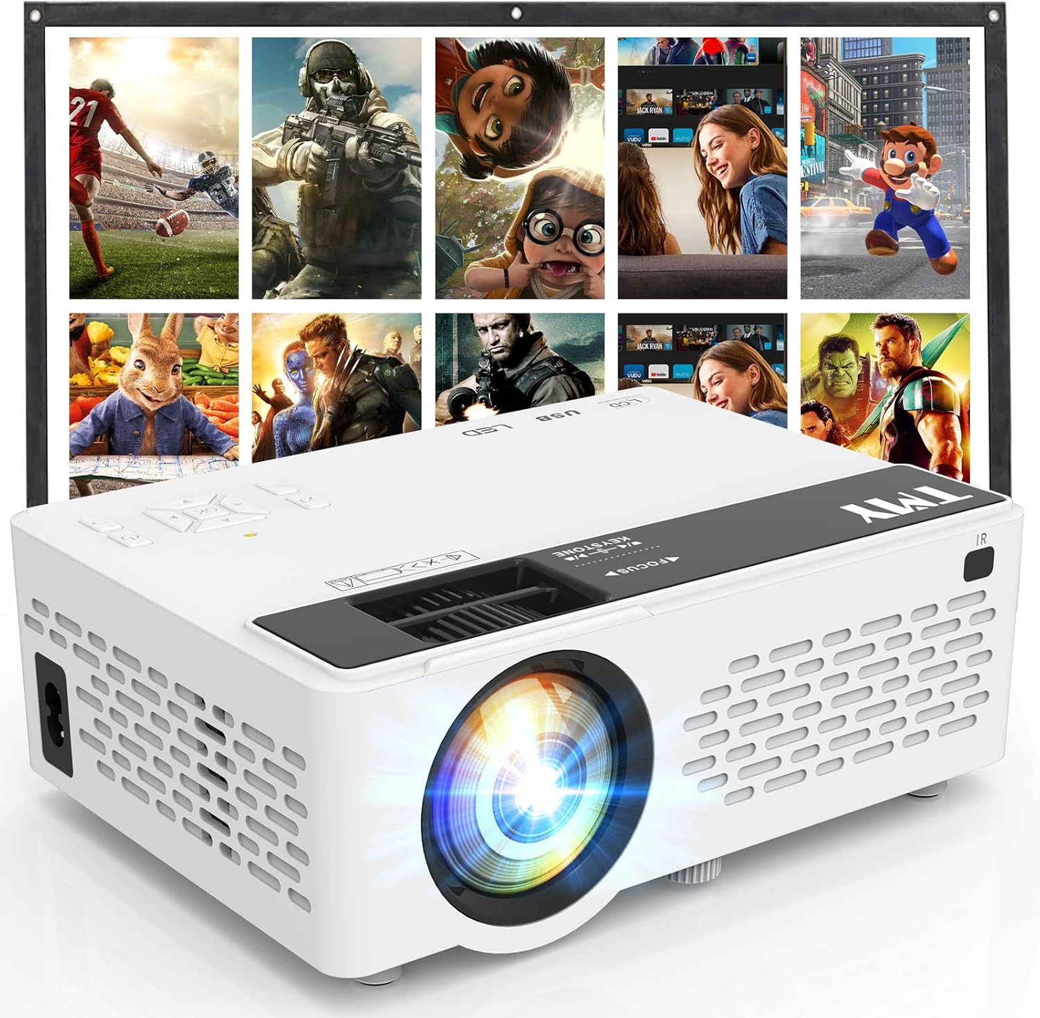 1080P Full HD Portable Mini Projector, Upgraded Bluetooth Movie Projector with Screen, Compatible with TV Stick Smartphone/HDMI/USB, Indoor & Outdoor Use no Apps