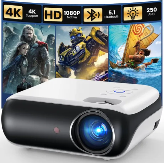 Native 1080P Bluetooth Mini Projector, Full HD Portable Outdoor Movie Projector with Built-in Speaker, Compatible with Smartphone, HDMI, USB, AV, Fire Stick, PS5 for Home, Bedroom, Outdoor Use