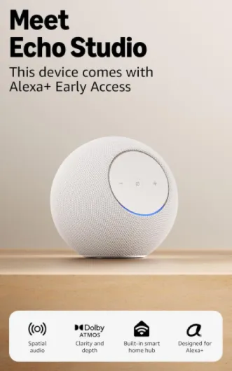 Amazon Echo Studio (newest model), compact design, immersive spatial audio and Dolby Atmos, with Alexa+ Early Access, Glacier White Glacier White Pack of 1
