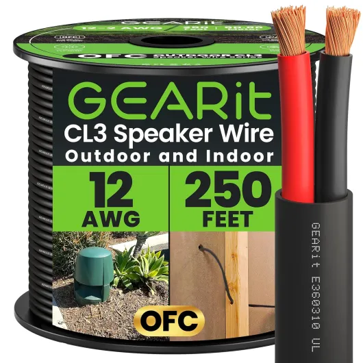 Outdoor Speaker Wire CL3 Rated, 12 Gauge Speaker Wire, Speaker Cable 250 ft for Outdoor Speakers, Patio, Garden, Backyard Audio, Direct Burial in Ground/in Wall, OFC (Black, 2-Conductors) Black 250 Feet 2 Conductor
