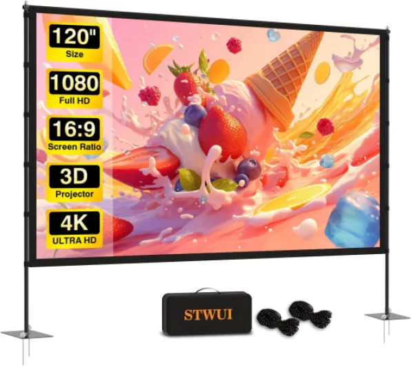 Outdoor-Projector-Screen-with-Stand - 120 inch Portable Projector Screen Indoor Outdoor Projector Screens 16:9 4K HD Lightweight Movie Screen with Carry Bag for Backyard Movie Night STWUI PS120