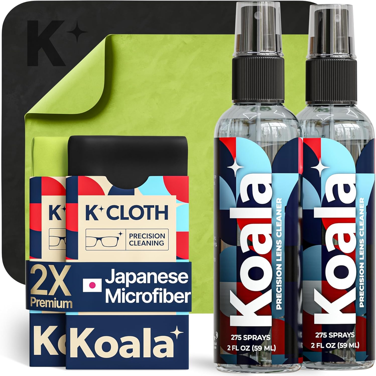 Koala Eyeglass Lens Cleaner Spray Kit - (2x) Glasses Cleaner Bottle + (2x) Microfiber Cloth - Alcohol Free Eyeglasses, Screen, and Camera Cleaning Kit - Made in USA (4 Piece Set) Black / Green 4 Piece Set