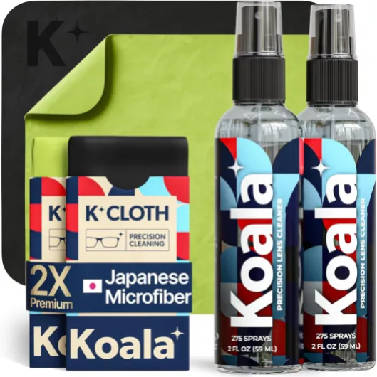 Koala Eyeglass Lens Cleaner Spray Kit - (2x) Glasses Cleaner Bottle + (2x) Microfiber Cloth - Alcohol Free Eyeglasses, Screen, and Camera Cleaning Kit - Made in USA (4 Piece Set) Black / Green 4 Piece Set