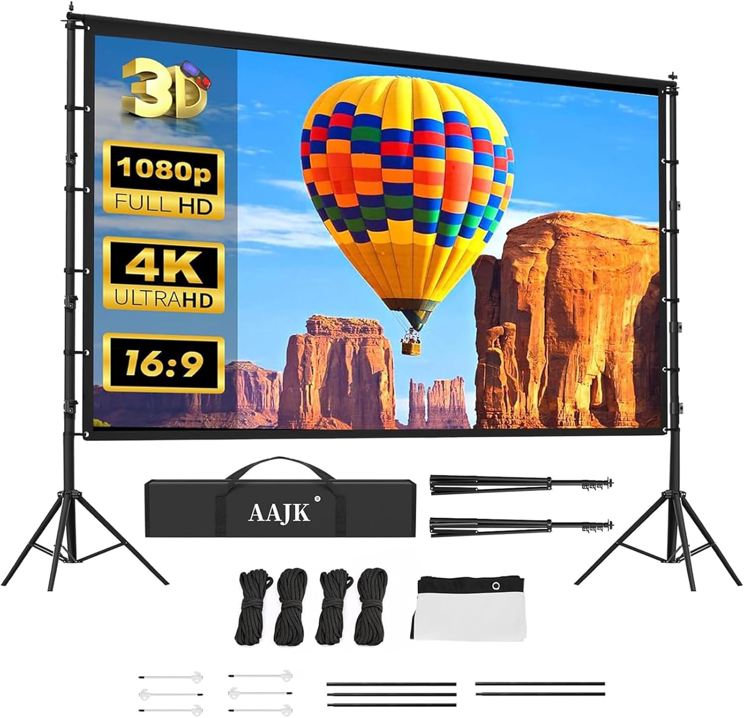 150in Projector Screen with Stand,Portable 16:9 4K HD Indoor Outdoor Projection Screen with Wrinkle-Free Design, Ideal for Home Theater and Backyard Cinema – Includes Carry Bag 150 inch-pro