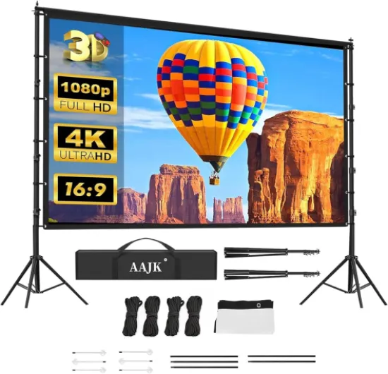 150in Projector Screen with Stand,Portable 16:9 4K HD Indoor Outdoor Projection Screen with Wrinkle-Free Design, Ideal for Home Theater and Backyard Cinema – Includes Carry Bag 150 inch-pro