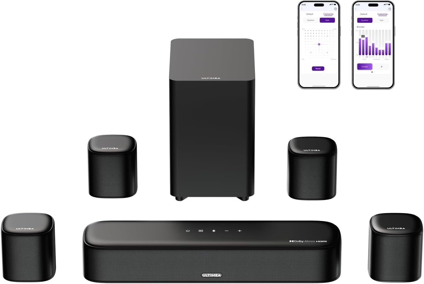 7.1ch Sound Bar with Dolby Atmos, Surround Sound System for TV with 4 Surround Speakers, Sound Bar for Smart TV with App Control, Soundbar with Subwoofer for Home Theater, HDMI eARC, Aura A60 U2621