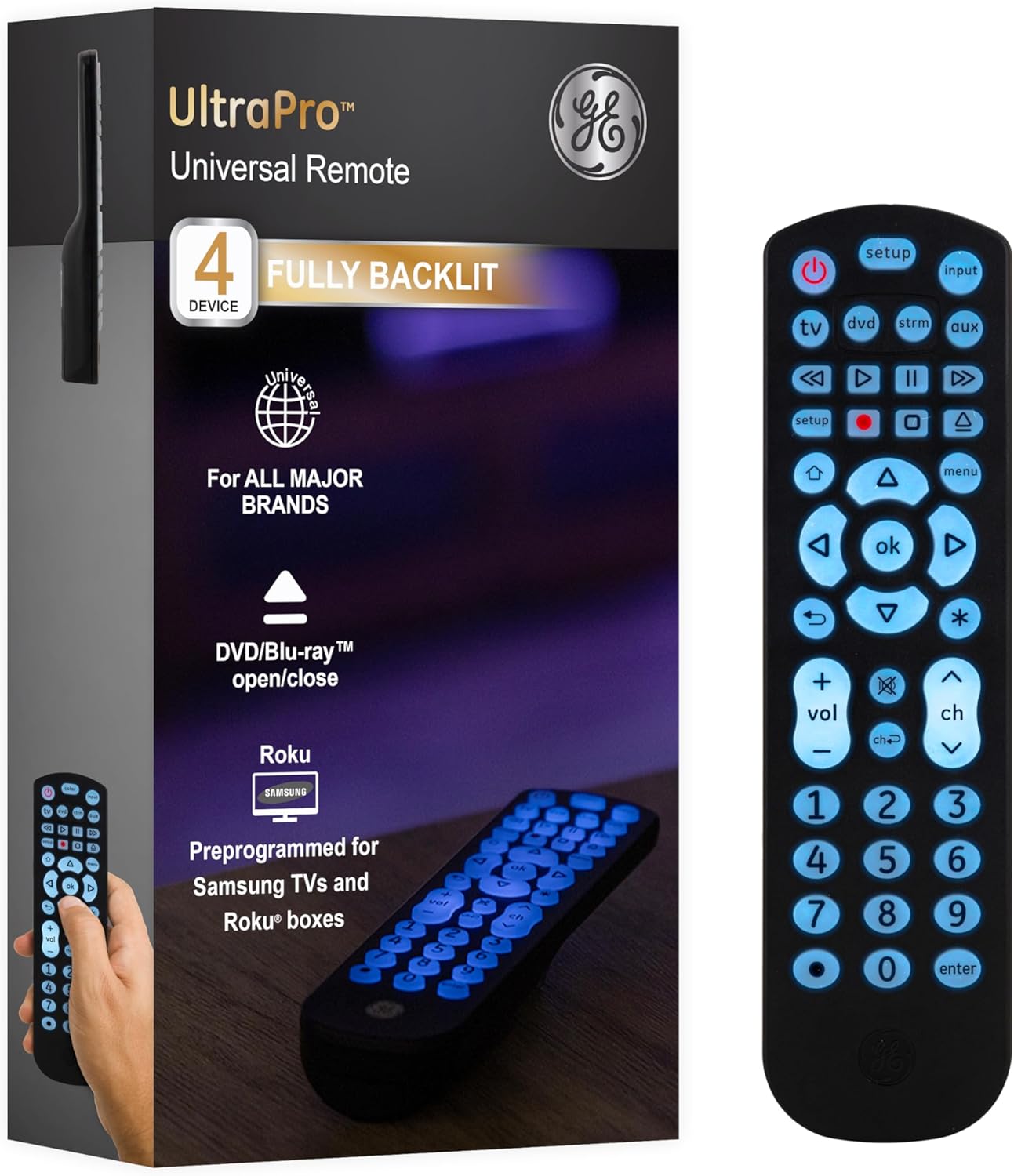 Backlit Universal Remote Control for Samsung, Vizio, LG, Sony, Sharp, Roku, Apple TV, RCA, Panasonic, Smart TV, Streaming Players, Blu-Ray, DVD, 4-Device, Black, 40081 Black, Backlit Black Remote Blue Backlit