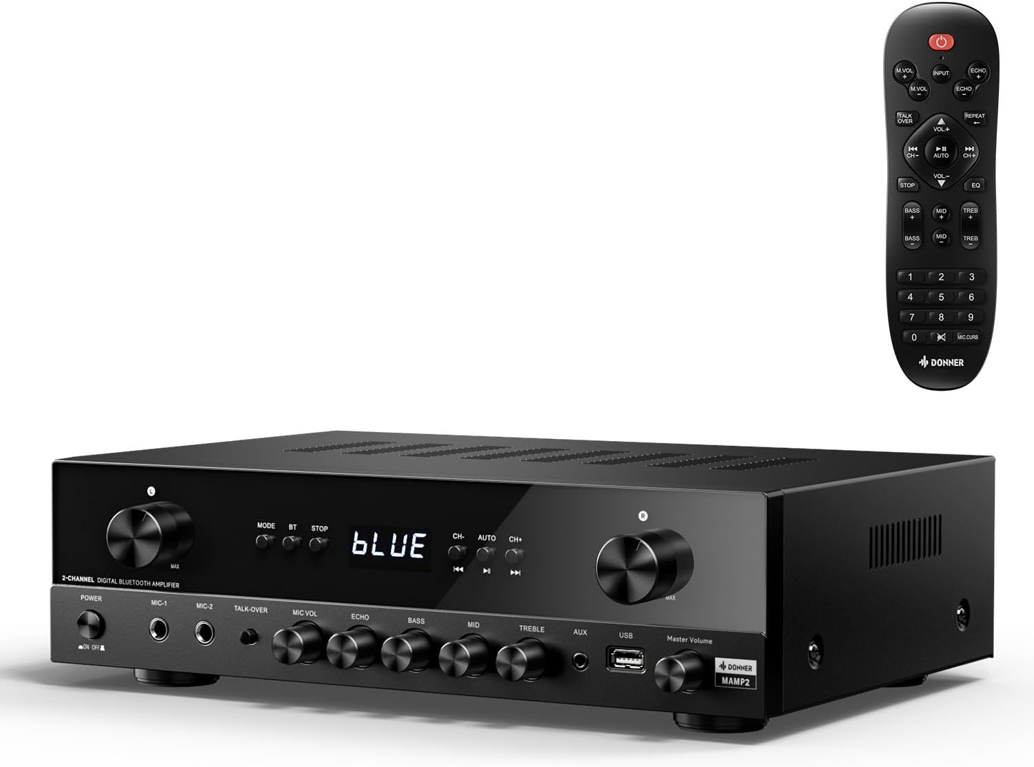 Stereo Audio Amplifier, 600W Peak 2 Channel Receiver with Bluetooth 5.3, Phono, Optical, Coaxial, USB, FM, 2 Mic-in, Aux, RCA Input for Home, Karaoke, Theater Speakers, MAMP2 2 CH, 600W