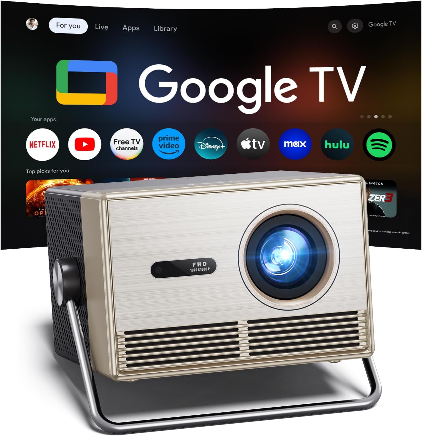 2000 ANSI Official Licensed Google TV Outdoor Projector 4K Full HD, Smart Projector with Wifi and Bluetooth, Auto Focus, Dolby Sound,Built-in Apps,HAPPRUN Indoor Home Theater for Phone/TV Stick/PC/PS5 Gold
