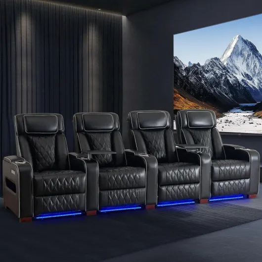 Luxury Home Theater Seating – Power Recliner with Adjustable Headrests, Blue LED Ambient Lighting, Tray Table, USB & Type-C Charging (Black,4 Seat) 4 Seat Black