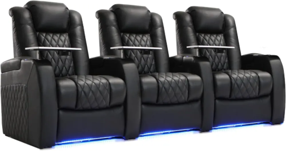 Home Theater Seating Top Grain Leather Zero Gravity Recliner Chair Power Headrest Recline Movie Seat Gaming 7 Colors Mood Light Sofa with Tray Table USB Charge Row of 3 Black Black Row of 3