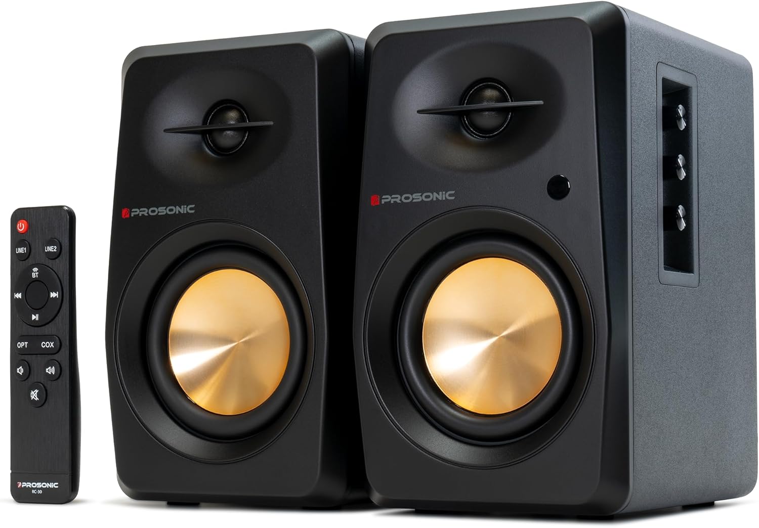 Prosonic BT30 Active Powered Bluetooth Bookshelf Speakers, Studio Monitor, Home Theater, Turntable with Optical Input, Coaxial Input, 2X RCA Aux Line Input, 80 Watts, (Black)