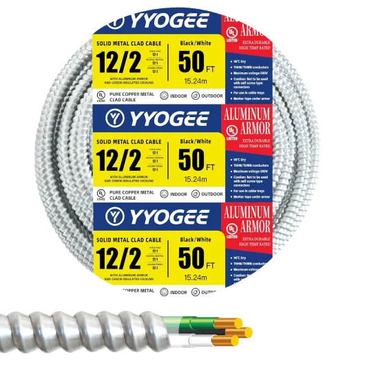 12/2 50FT MC Cable with Ground, 12 Gauge Wire Metal Clad Cable with Solid Copper Conductors, Aluminum Armor, Electric Wire for Indoor, Outdoor, Commercial, Industrial Use