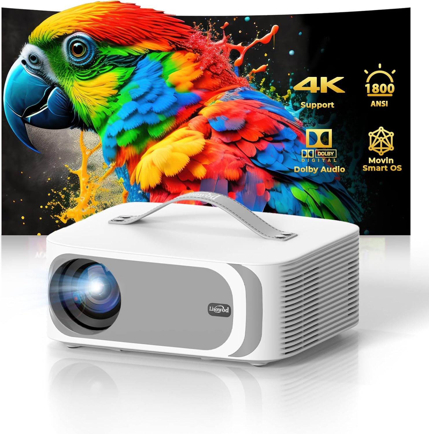 [Official-Apps/AI Movin 2.0 OS/1800 ANSI] Portable-Projector-4k with WiFi and Bluetooth, 35W DoIby Audio, AI Auto Focus with HDR10+, Lisowod 4k Support Outdoor Smart Proyector Compatible with Netflix Standard White