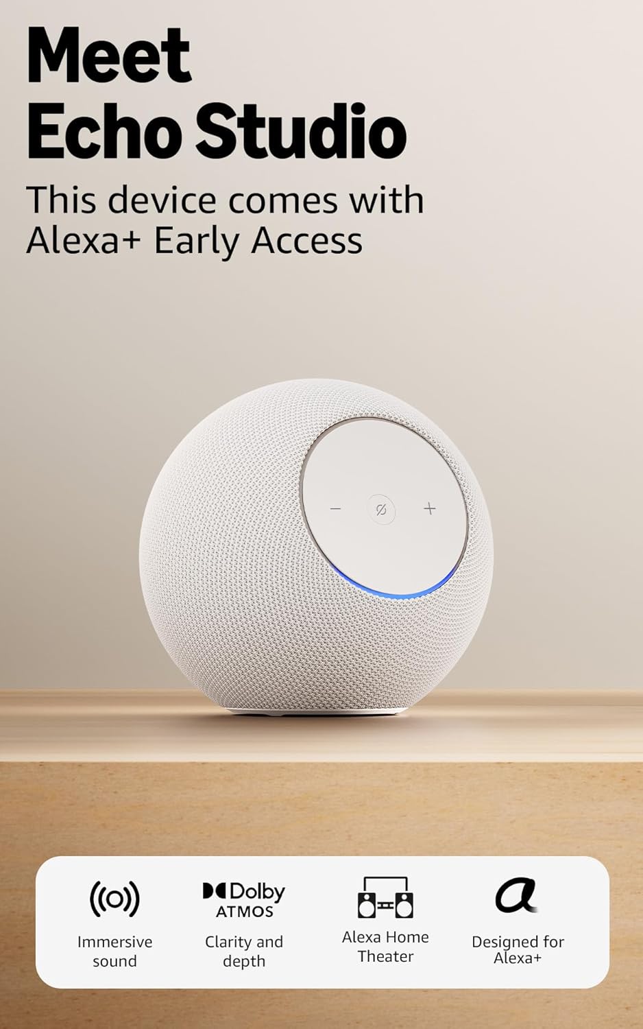 Amazon Echo Studio (newest model), compact design, immersive spatial audio and Dolby Atmos, with Alexa+ Early Access, Glacier White Glacier White Pack of 1