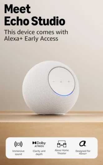 Amazon Echo Studio (newest model), compact design, immersive spatial audio and Dolby Atmos, with Alexa+ Early Access, Glacier White Glacier White Pack of 1