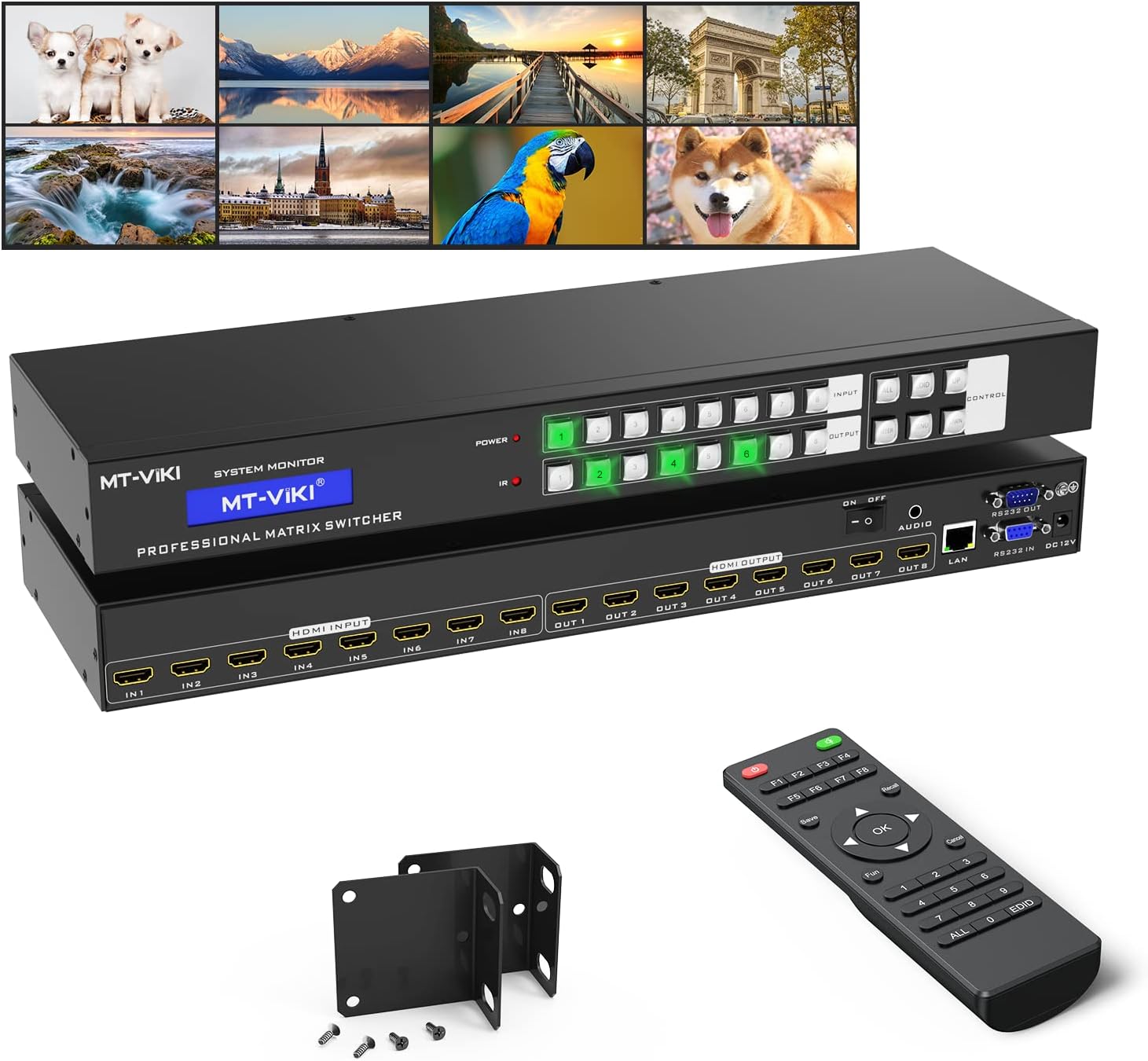 MT-VIKI 4K HDMI Matrix Switch 8X8 w/Web GUI & 3.5mm Stereo Audio Extraction w/IR Remote, 4K@30Hz, Rack Mount Switcher & Splitter, EDID, RS232, LAN Port, APP, Fit 1U 19'' Rack 8X8 4K30Hz