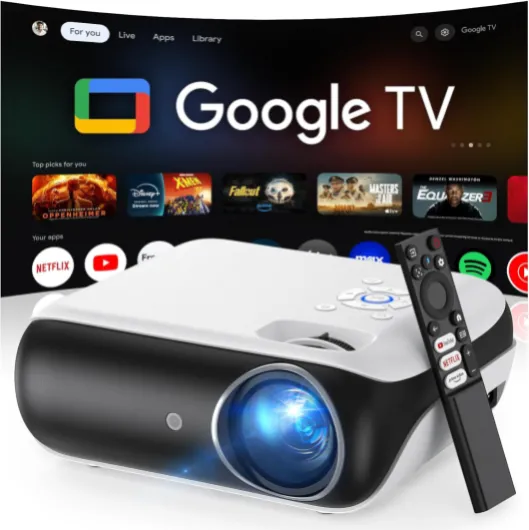 Official Licensed Google TV Smart Projector, HAPPRUN 4K UHD Home Theater with Dolby Sound, Wi-Fi & Bluetooth, Built-in Streaming Apps, Compatible with Games Consoles & Smartphone, Indoor & Outdoor Use Google TV System