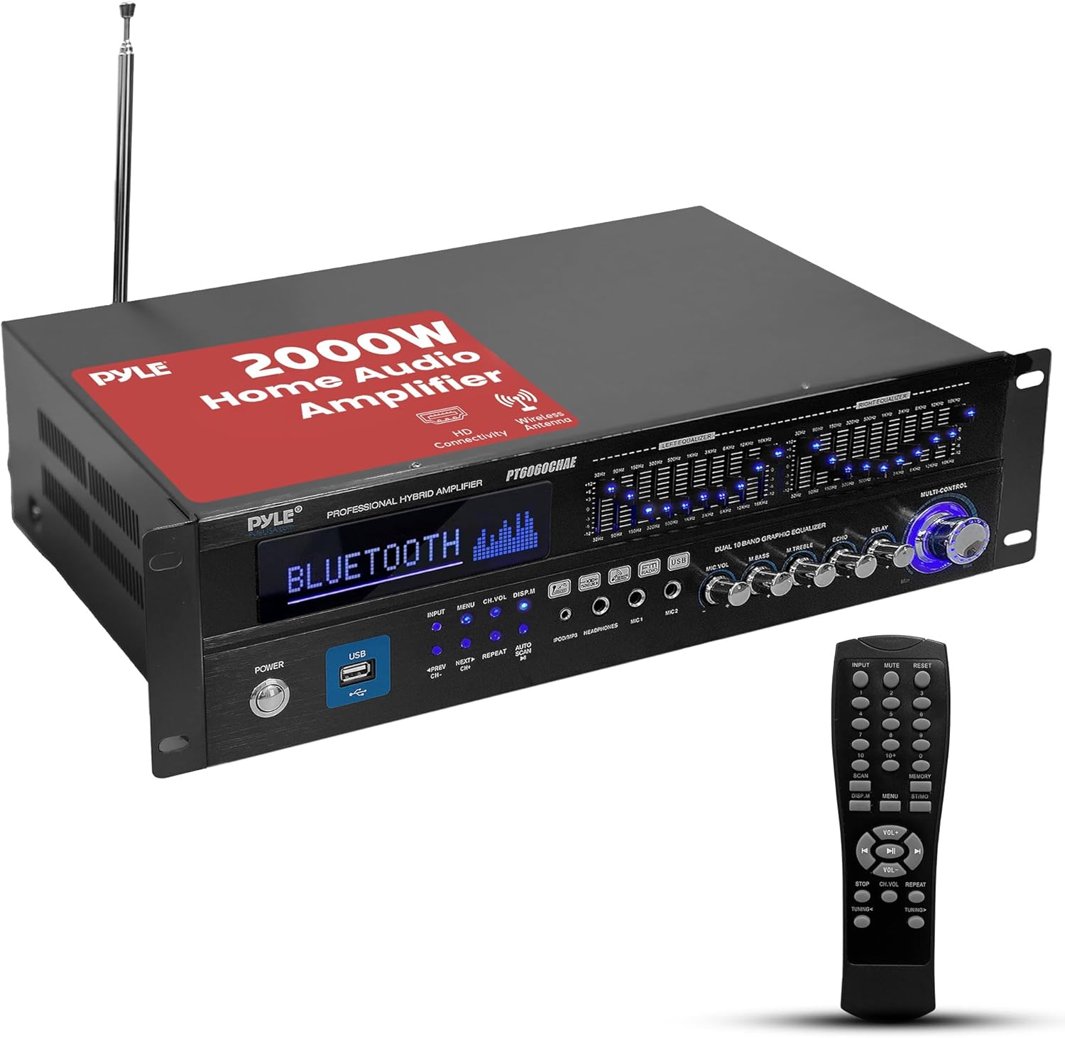 Bluetooth Hybrid Home Amplifier - 6-Channel 2000W Home Audio Rack Mount Stereo Power Amplifier Receiver w/ Radio, USB/AUX/RCA/Mic, Optical/Coaxial, AC-3, DVD Inputs, Dual 10 Band EQ - PT6060CHAE 2000 Watt Amplifier