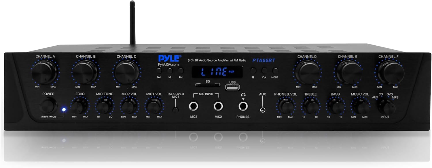 Bluetooth Home Audio Amplifier - 6 Channel Stereo Receiver Amp, 600 Watt Power, Commercial or Karaoke with Mic Talkover, Headphone Jack, 1/4'' Microphone In, USB SD AUX RCA FM Radio