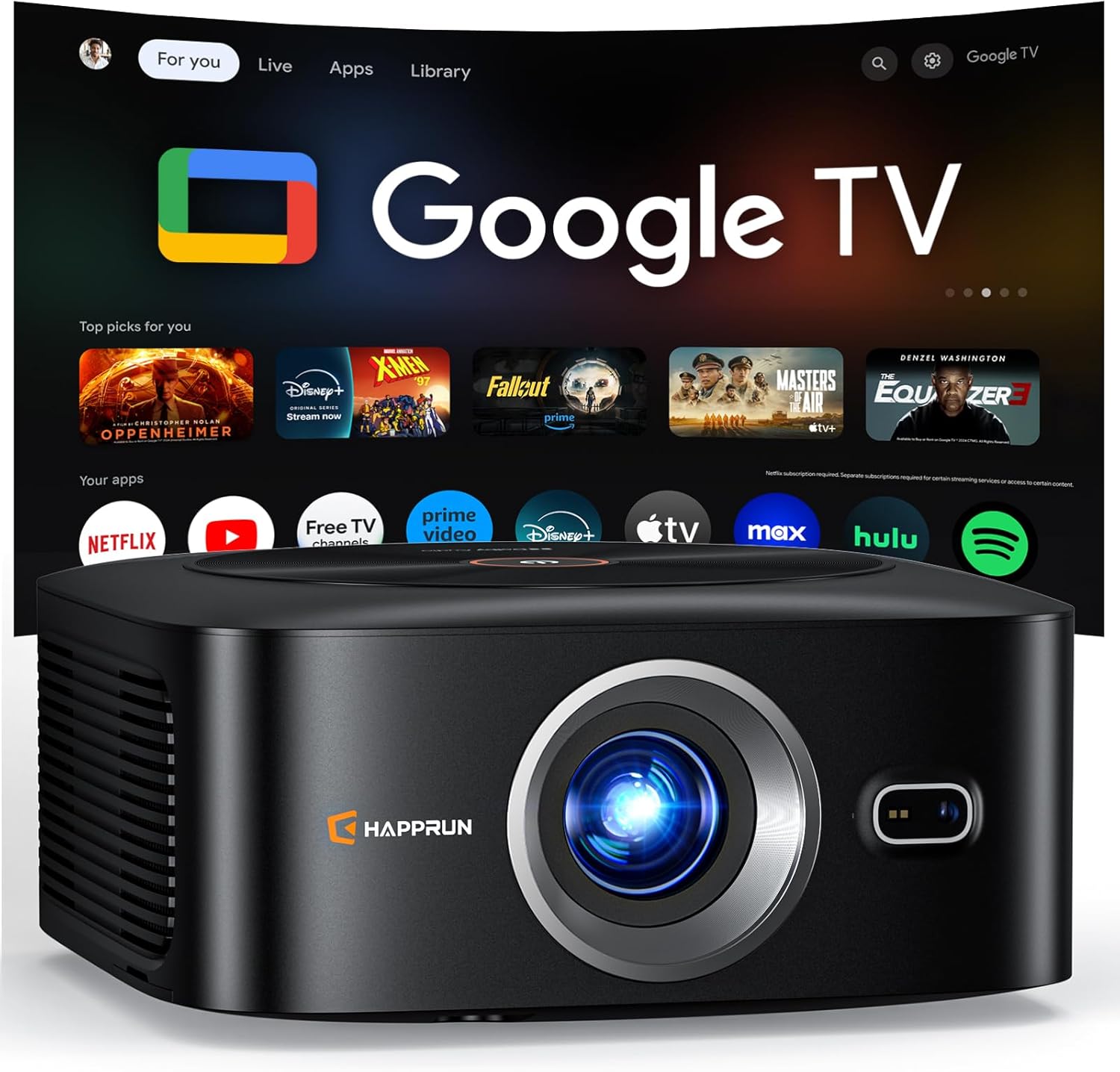 1500 ANSI Official Licensed Google TV Smart Projector, HAPPRUN 4K Full HD Home Theater with Auto Focus, Dolby Sound, Wi-Fi Bluetooth, Built-in Apps, Compatible with Phone & PC, Indoor & Outdoor Use Black