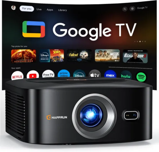 1500 ANSI Official Licensed Google TV Smart Projector, HAPPRUN 4K Full HD Home Theater with Auto Focus, Dolby Sound, Wi-Fi Bluetooth, Built-in Apps, Compatible with Phone & PC, Indoor & Outdoor Use Black