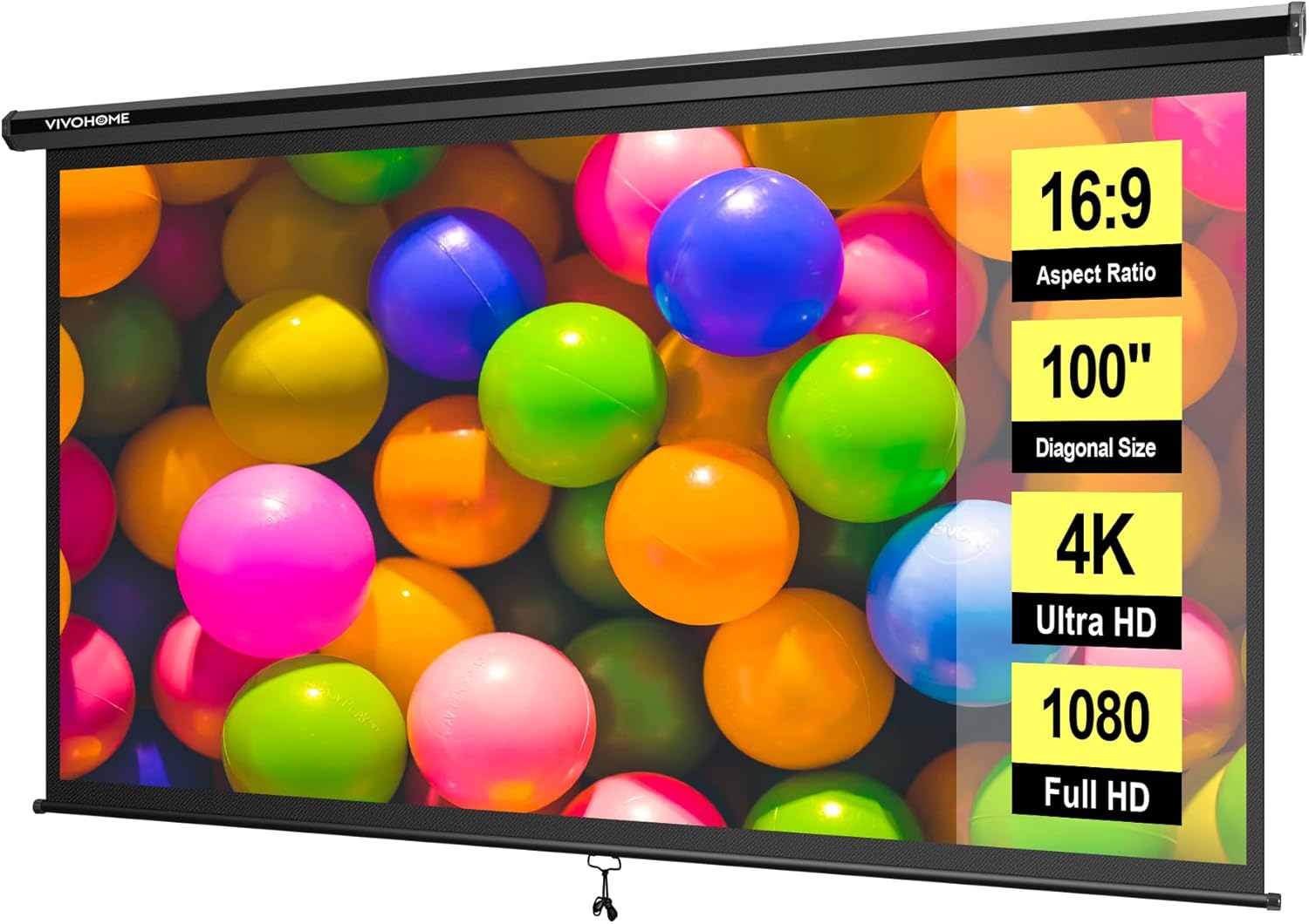 100 Inch 16:9 Pull Down Projector Screen, HD 4K Retractable Movie Screen for Indoor Home Theater and Office, Manual Projection Screen with Auto Locking (87W x 49H Inch Display Area) 100" (16:9) Black