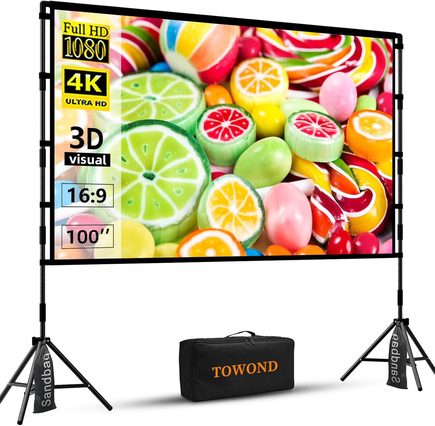 Projector Screen with Stand, 100 inch Outdoor Projector Screen Portable Indoor Projection Screen 16:9 4K Rear Front Movie Screen with Carry Bag for Home Backyard Theater