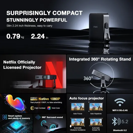 【Officially-Licensed APP & Thinnest Design】Mini Projector 4K with Auto Focus & Keystone, VOPLLS 600ANSI WiFi Bluetooth 1080P FHD Portable Projector, Smart Moive Projectors for Bedroom/Outdoor/Phone A-Smart Netflix Projector/600 ANSI