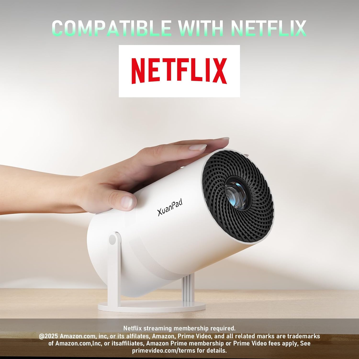 [Official Netflix & 16000L Electric Focus] Mini Projector – WiFi & Bluetooth, XuanPad 1080P Supported, Portable Projector with 210° Rotatable Stand, Auto Keystone, Dust Removal & Cooling Design 16000L Official Netflix + Electric Focus