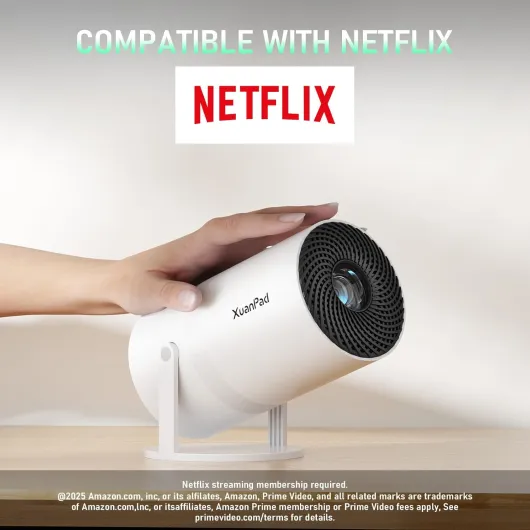 [Official Netflix & 16000L Electric Focus] Mini Projector – WiFi & Bluetooth, XuanPad 1080P Supported, Portable Projector with 210° Rotatable Stand, Auto Keystone, Dust Removal & Cooling Design 16000L Official Netflix + Electric Focus