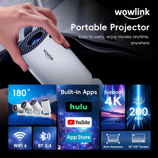 [Built-in Apps & 2026 Upgraded] Mini Projector with WiFi 6 and Bluetooth 5.4 Support 4K 1080P Auto Keystone 180° Rotatable Projector for Bedroom Compatibile with HDMI/TV Stick/Memory Stick/Laptop White