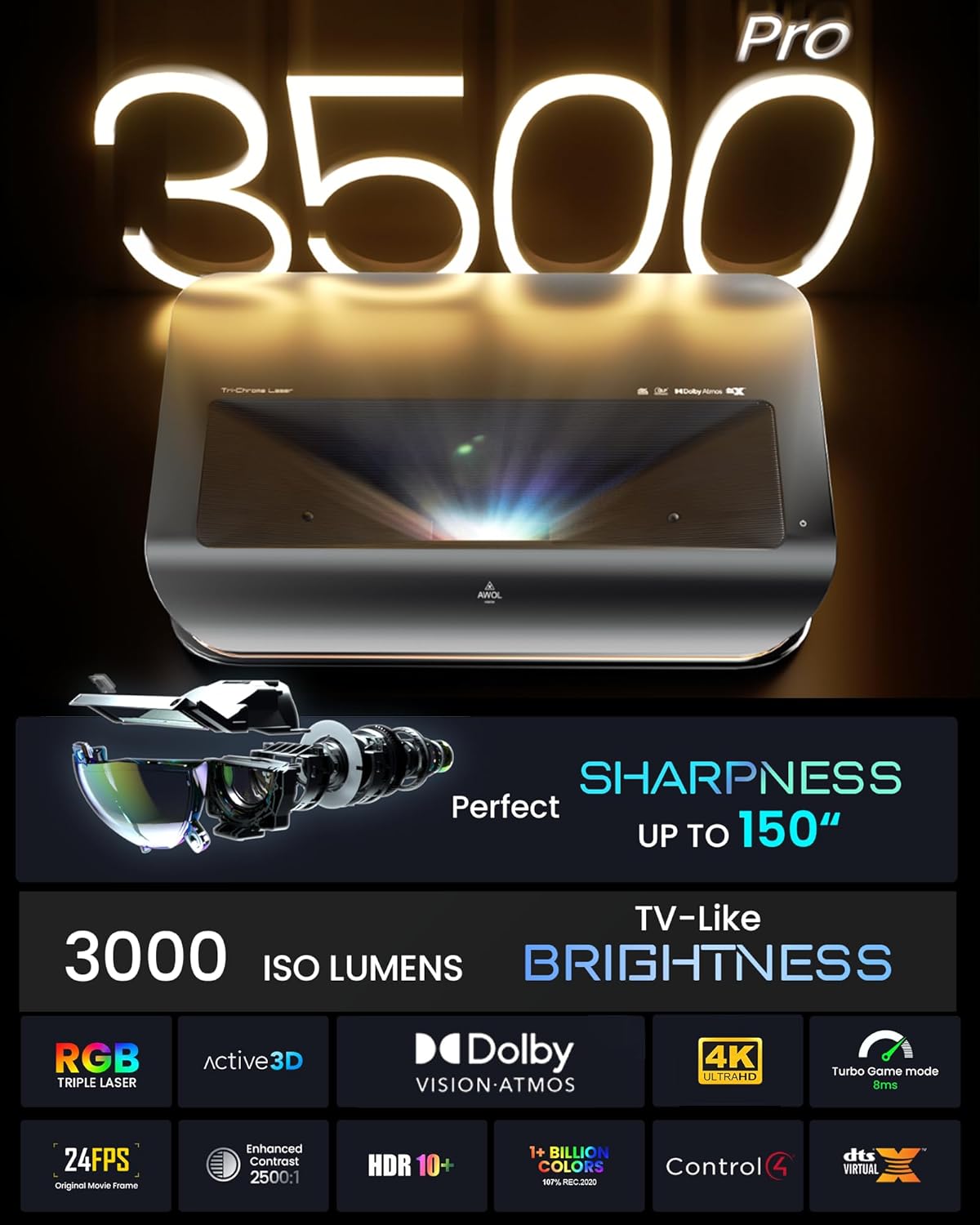 LTV-3500 Pro 150" 4K Laser TV, 3000 ISO Lumens, Ultra Short Throw Projector 4K Laser HDR10+, with Dolby Vision& Atmos 3D Home Cinema UST Projector (Fire TV Stick Max Included) LTV 3500 Pro