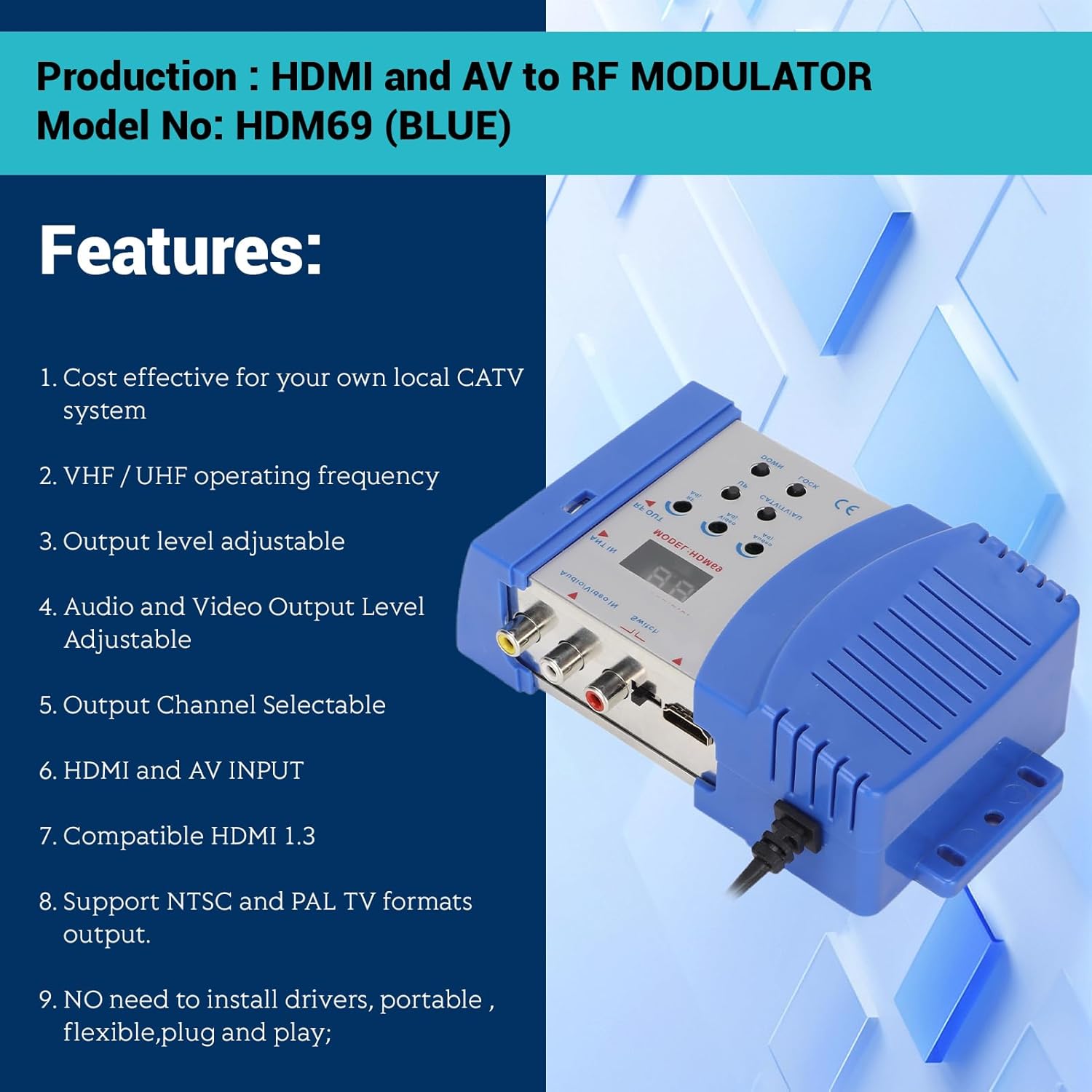 HDMI Modulator RF Modulator, HDMI AV to RF Modulator PAL NTSC Output Plug and Play AV to RF Converter for Home TV Game Console