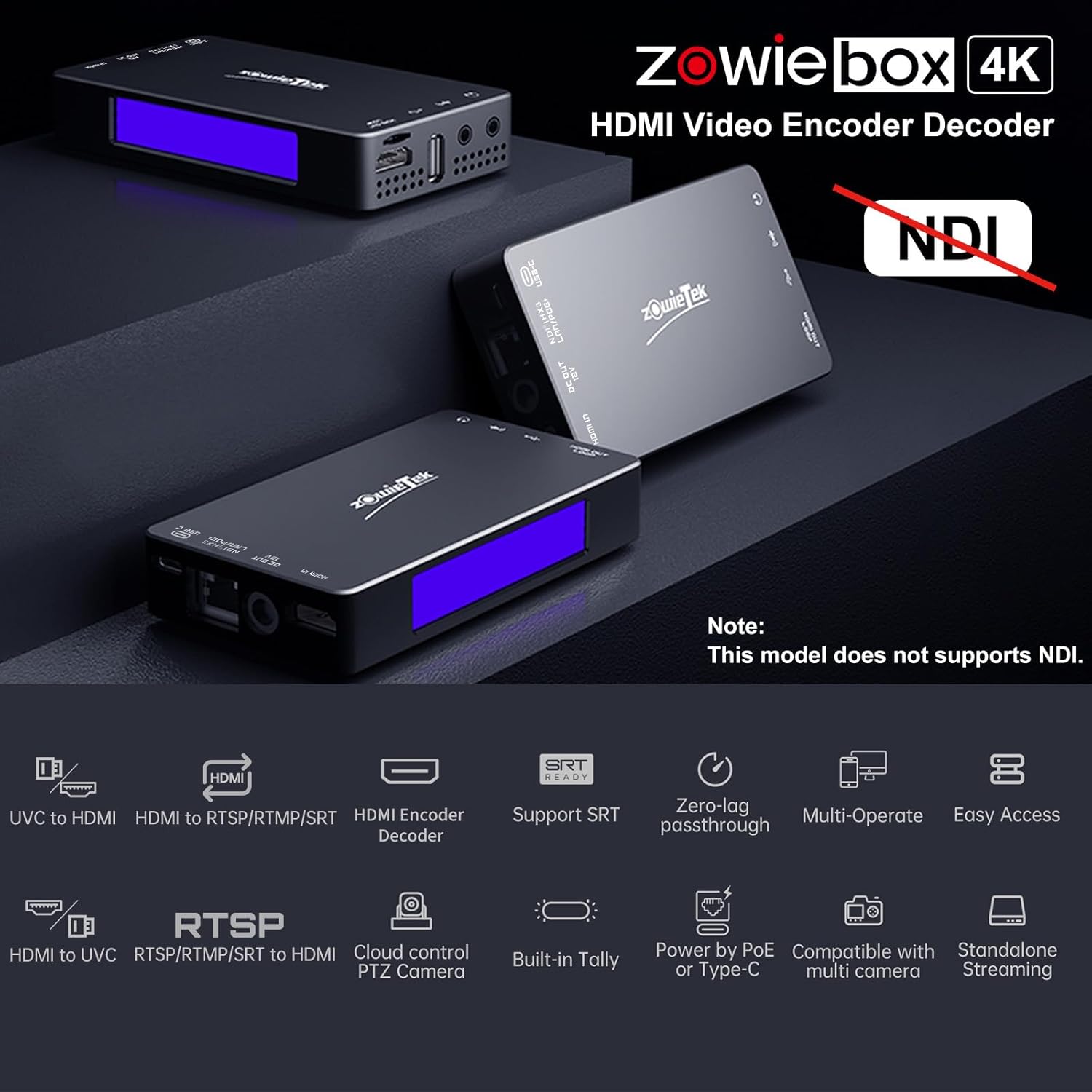 4K Video Encoder/Decoder, ZowieBox, SRT/RTMP(S)/RTSP, Live Streaming, Pass-Through Video Capture, HDMI Extender, UVC Converter, HDMI only