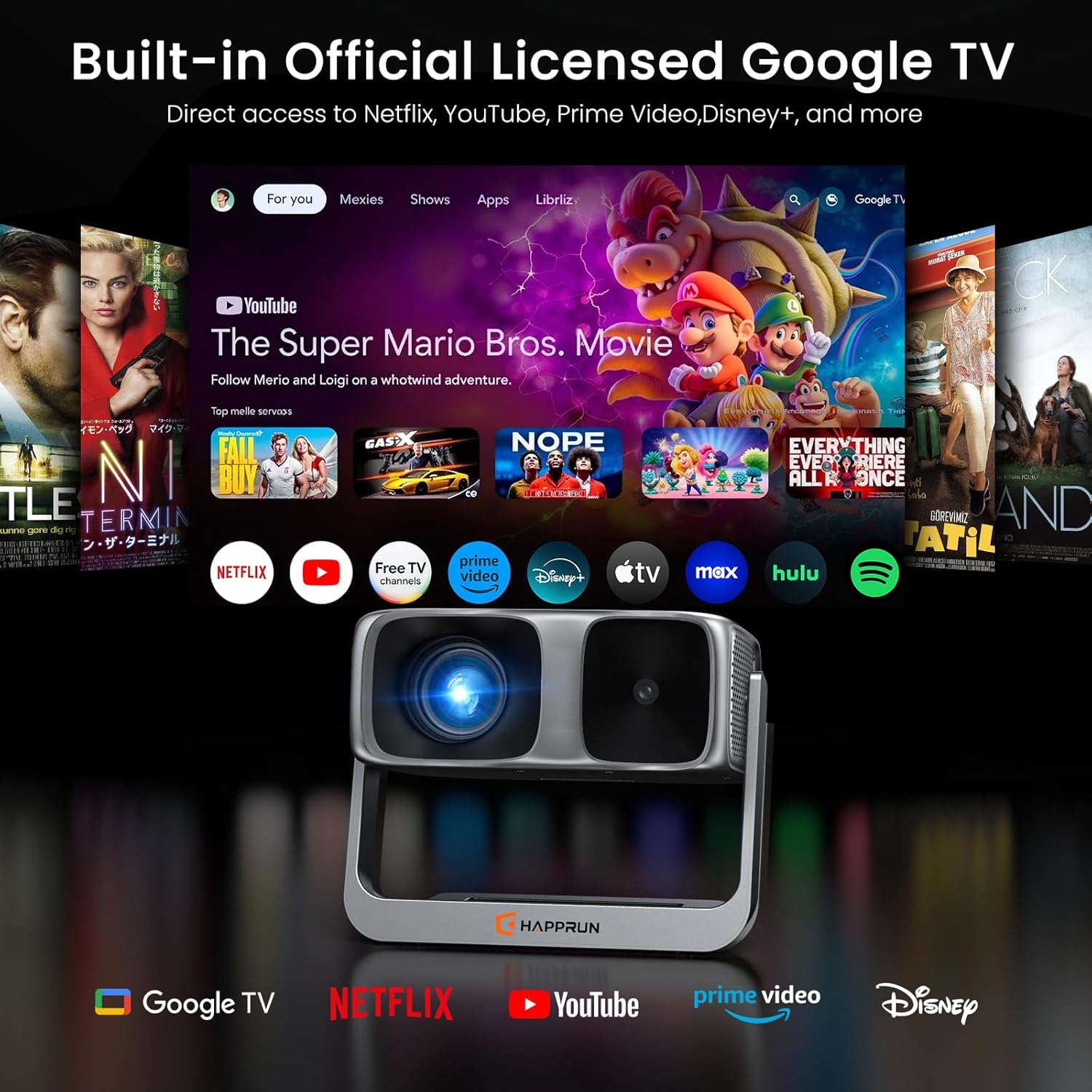 2000 ANSI Official Licensed Google TV Outdoor Projector 4K Full HD, Smart Projector with Wifi and Bluetooth, Auto Focus, Dolby Sound, Built-in Apps, HAPPRUN Indoor Home Theater with 270° Stand Grey