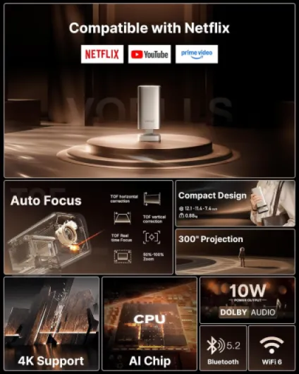 Smart Mini Projector 4k [Netflix Included & 1800 ASIN] VOPLLS TOF Auto Focus & Keystone Dolby Audio Projector for Bedroom, Full HD 1080P WiFi6 Bluetooth Home Movie Outdoor Portable Projectors Champagne