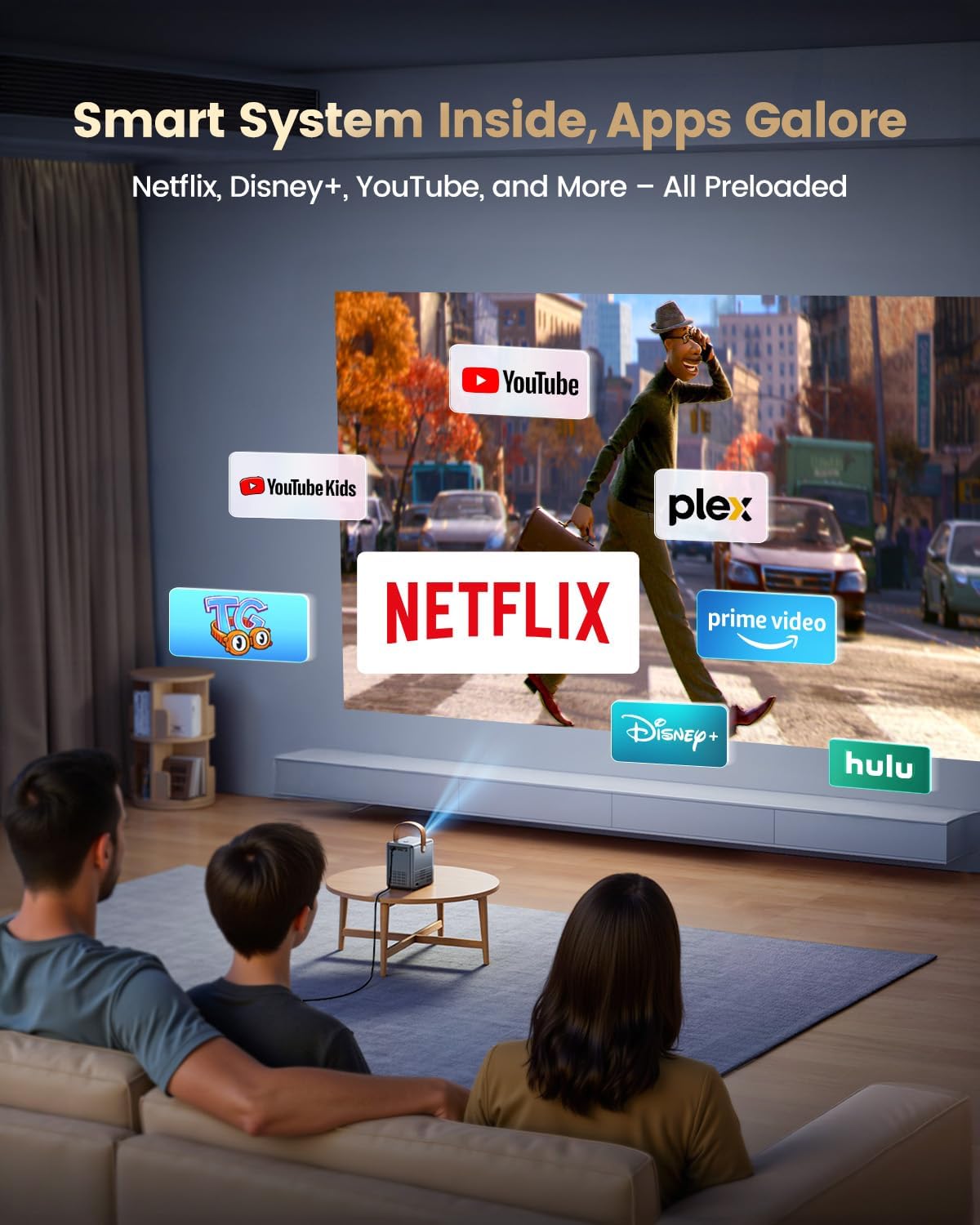 4K Mini Projector Netflix Ready,30000 Lumen Smart Portable Home Cinema WiMiUS P61 PRO Projector with 3D Dolby Audio Short Throw, TOF 1s Focus WiFi6 Bluetooth 5.4 HDR10 for Bedroom Outdoor Movies,Gifts Black