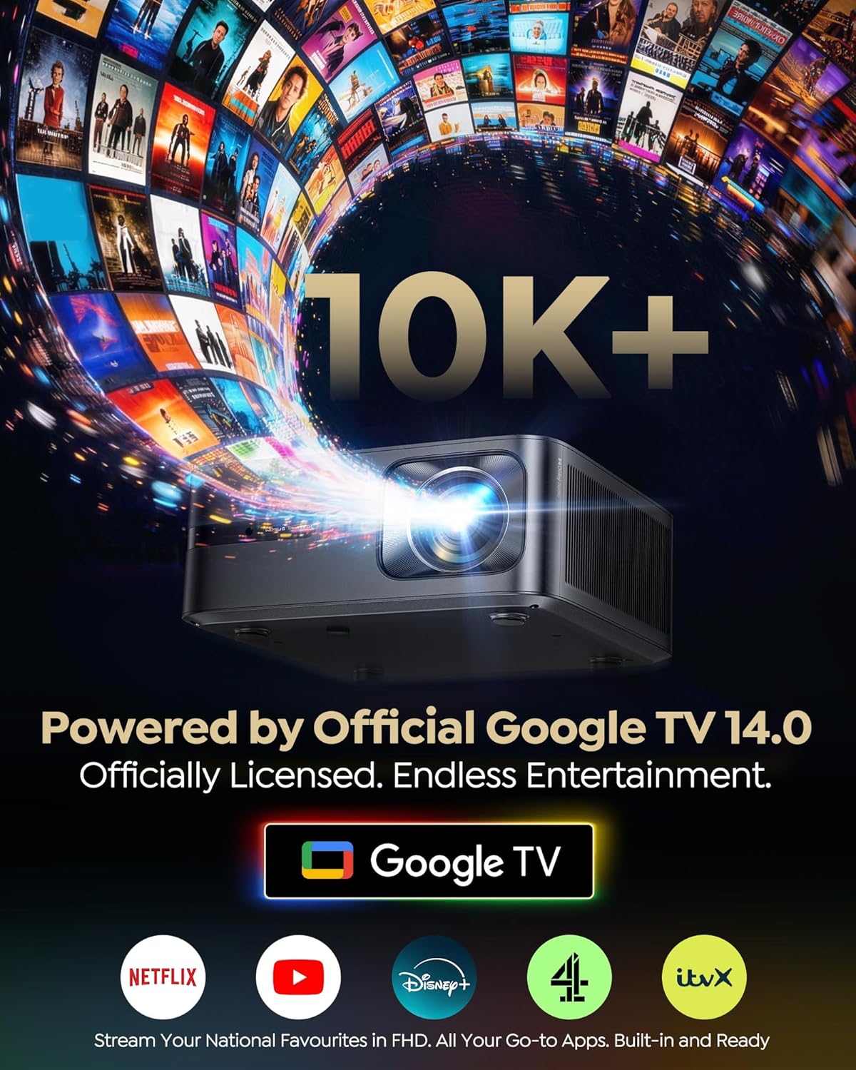 Smart Projector with GoogleTV 14.0, 2500 ANSI FHD 1080P 4K Decode, MEMC,40W Dolby Audio,HDR 10 WiMiUS G2 Movie Projector 2+32GB HDMI 2.1, AI Auto Image, WiFi6 Home Cinema Projector for Bedroom, Garden Black