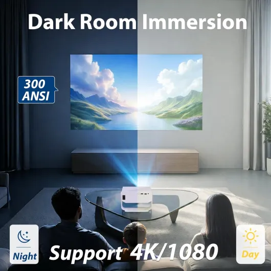 Mini Smart Projector 2026 New Android TV, Native 1080P 4K Supported Wifi Projector 300ANSI Built-in-Apps with Auto Keystone, 270° Stand Portable Movie Projector for Home Bedroom, iOS/Switch/PS5 standard Black